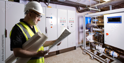 Canvas Print ngineer with helmet and blueprints inspects installation of industrial refrigeration equipment, monitoring assembly and safety