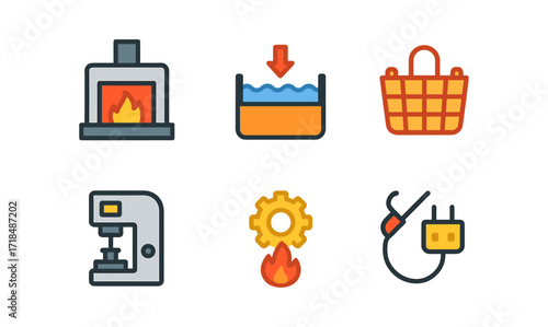 Essential household icons set featuring fireplace, basket, machine, and more in modern style