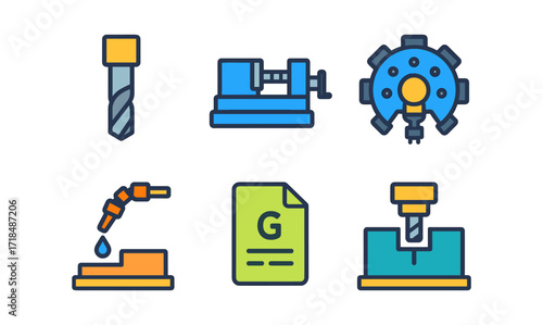 Flat style cnc machines and tools icons set for industrial design projects