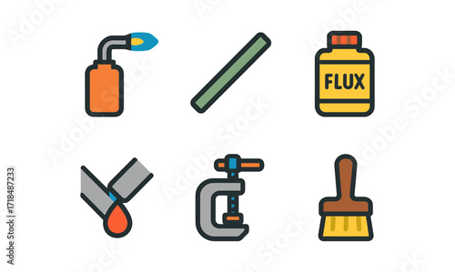 Colorful welding tools collection: torch, rod, flux, c clamps, brush icons
