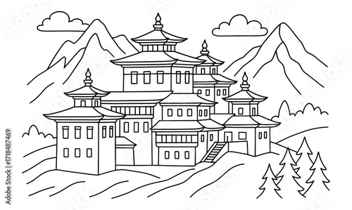 Mountain monastery coloring page design featuring simple line art for relaxation and creativity