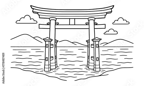 Torii gate coloring page for relaxation and creativity featuring japanese cultural landmark design