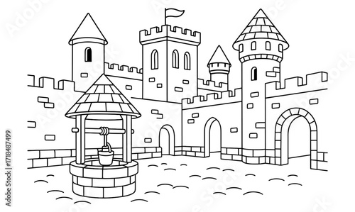 Medieval castle courtyard coloring page for kids and adults