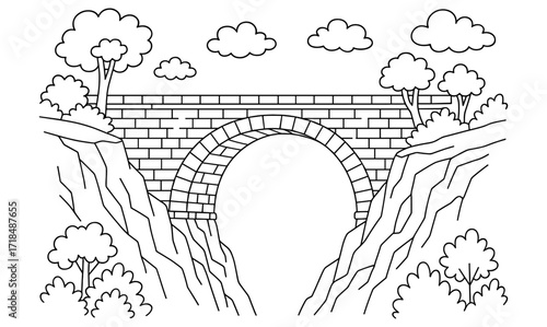 Sandstone arch bridge in natural landscape for coloring or design projects