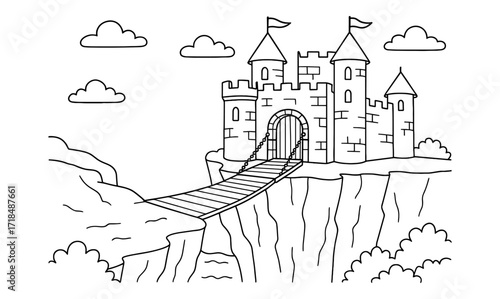 Medieval cliff castle coloring page - simple illustration for kids and adults