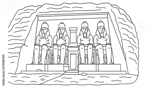 Ancient rock cut temple facade illustration featuring monumental statues for educational and cultural design