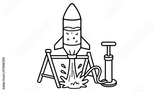 Water bottle rocket with launch stand and pump illustration for educational science or diy project