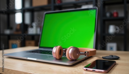 An Open Laptop with a Chroma Key Green Screen Set Up on a Wooden Desk in a Contemporary Office Environment.