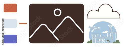 Minimalist mountain landscape, airport terminal with airplane, cloud outline, color swatches. Ideal for travel, design inspiration, innovation, global exploration, technology creativity simple flat