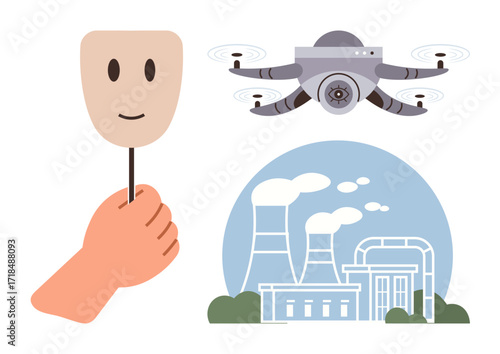 Person holding a mask, quadcopter flying above, industrial factory in the background. Ideal for privacy, surveillance, identity, technology, manufacturing industry ethical concerns. Simple flat