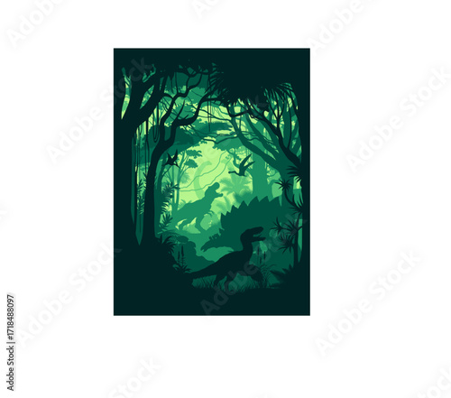 vector rainforest jungle with dinosaurs: velociraptor, stegosaurus, tyrranosaurus, brontosaurus, pterodactyl