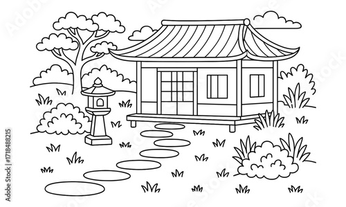 Tranquil tea house garden illustration with traditional architecture and natural landscape for design projects