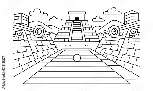 Mayan ball court illustration with pyramid and hoops for educational and historical designs