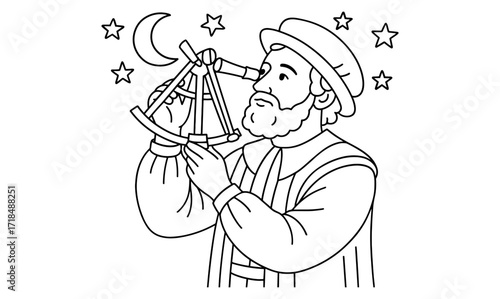 Renaissance astronomer studying the night sky with astrolabe illustrative scene for educational design