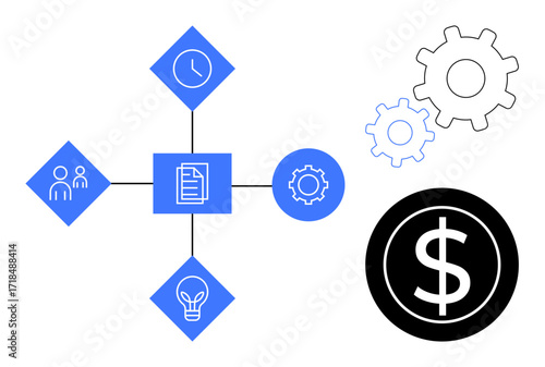 Connected blue nodes with icons for people, clock, ideas, and document, linked to gears and dollar icon. Ideal for business, productivity, innovation, teamwork time management strategy simple flat
