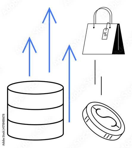 Coin, database, upward arrows, and shopping bag with tag representing sales growth, market trends, data analytics. Ideal for finance, business, retail strategy e-commerce success simple flat
