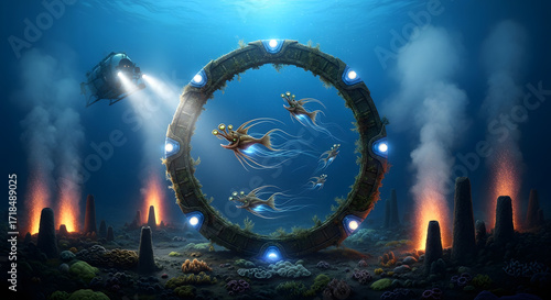 A Stargate submerged in the deep ocean, nestled in a hydrothermal vent field on the dark seafloor. A deep-sea exploration submersible's lights illuminate the ancient ring, with bizarre bioluminescent 
