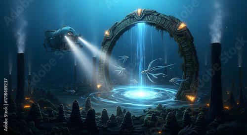 A Stargate submerged in the deep ocean, nestled in a hydrothermal vent field on the dark seafloor. A deep-sea exploration submersible's lights illuminate the ancient ring, with bizarre bioluminescent 