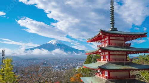 Wallpaper Mural 4K Time lapse of Mount Fuji with Chureito Pagoda at sunrise in autumn, Fujiyoshida, Japan on morning. Fuji with Chureito at Fujiyoshida city.
 Torontodigital.ca