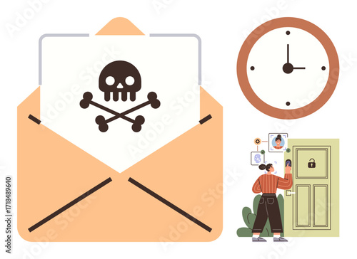 Open envelope with skull and crossbones signal, clock showing urgency, person unlocking secure door. Ideal for cybersecurity, phishing, online threats, urgency, caution, safety awareness simple flat