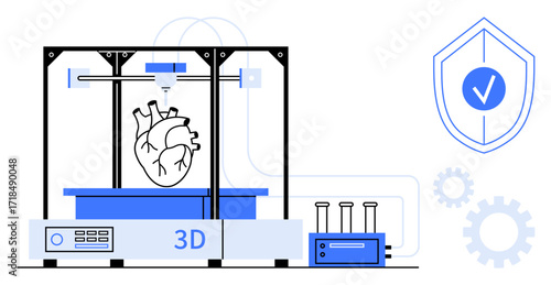 3D printer creating a human heart, shield with checkmark, control panel, gears, and test tubes. Ideal for medical innovation, healthcare, safety, technology research 3D printing biotechnology