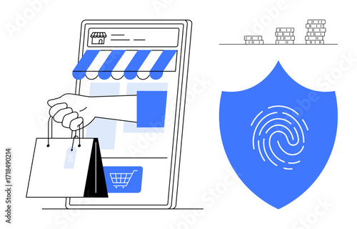 Mobile device with shopping app and hand holding bags. Blue shield with fingerprint and stacked coins. Ideal for e-commerce, cybersecurity, mobile payment, digital ID, finance, data safety