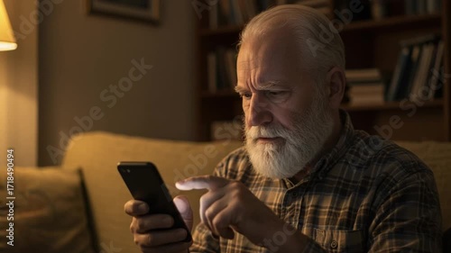Senior man with a focused expression learning to use a modern smartphone in a dimly lit living room at night