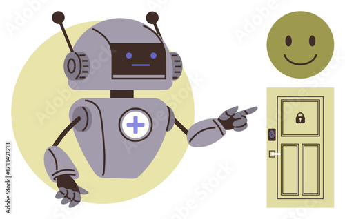 Robot pointing at a locked door with a smiling face nearby, highlighting technology, security, and trust. Ideal for AI, automation, robotics, access control, smart home security systems simple