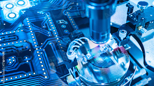 Microchip production process with modern equipment in a semiconductor factory. Concept of microelectronics, digital technology, and electronic component manufacturing.