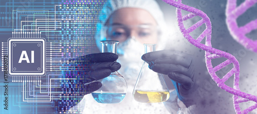 Scientist using AI technology in genetic research with DNA structure and chemical flasks, biotechnology and medical innovation. Science, Biotechnology, AI.