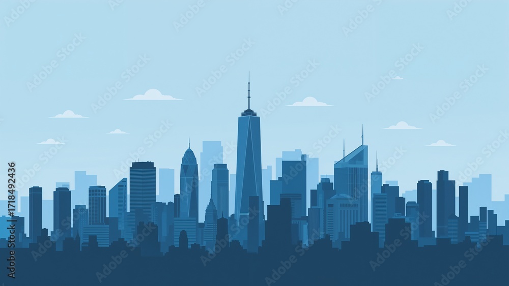 Fototapeta premium Calm blue city skyline in minimalist style