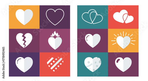 Diverse collection of beautifully illustrated heart icons in flat design style, symbolizing love, emotion, and romance, perfect for creative digital projects