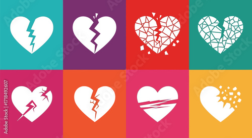 Collection of broken heart icons on a colorful background symbolizing sadness, loss, and emotional pain