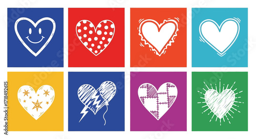 Colorful Heart Symbols in Various Styles, Representing Love and Affection, Isolated on White