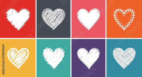 Collection of hand-drawn heart shapes on colorful backgrounds for design elements and Valentine's Day