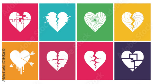 A vibrant vector collection of stylized hearts in various states of brokenness and repair, symbolizing the complex journey of love, loss, healing, and emotional resilience across relationships