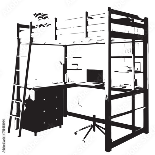 Black loft bed with desk Silhouette Vector, High Quality Illustration on White Background