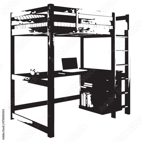 Black loft bed with desk Silhouette Vector, High Quality Illustration on White Background