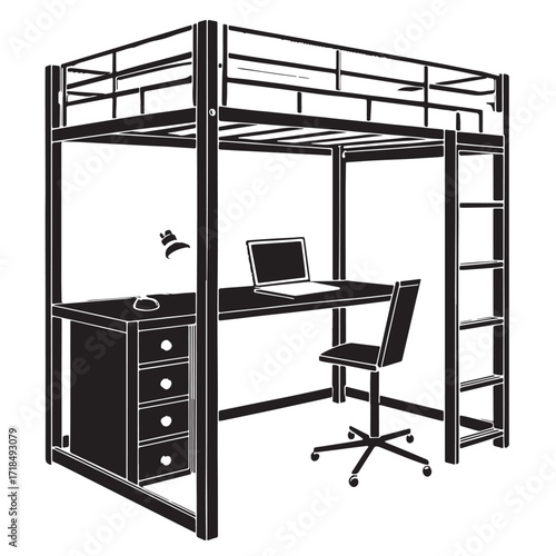 Black loft bed with desk Silhouette Vector, High Quality Illustration on White Background