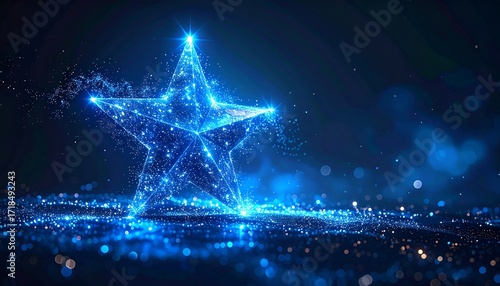 Glowing, polygonal star on dark, sparkling surface