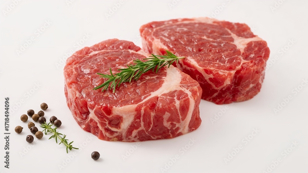Fototapeta premium Two beef steaks with rosemary garnish