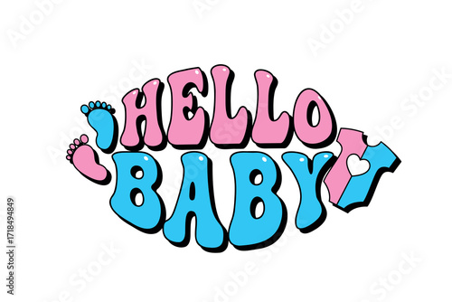 Hello baby groovy lettering phrase, gender reveal party, pink and blue vector illustration