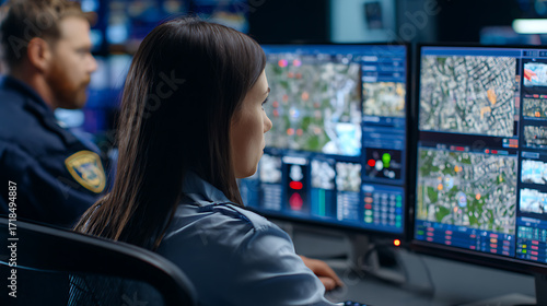 Two officers monitor multiple screens displaying city maps and data in a control room.