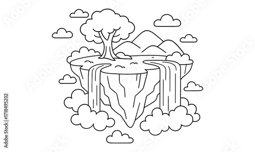 Sky island adventure illustration: floating landscape with waterfalls and clouds for fantasy design projects