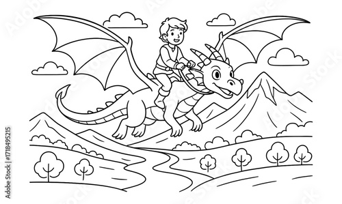 Dragon rider adventure with boy flying over mountains for coloring book design