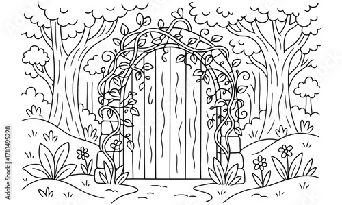 Enchanted forest gate with vines and trees for coloring book design