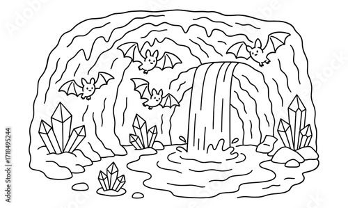 Enchanted waterfall in crystal cave with playful bats for coloring book design