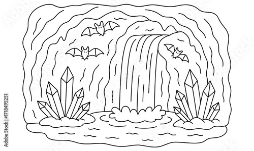 Enchanting waterfall cave adventure with crystals and bats - ideal for coloring book page design