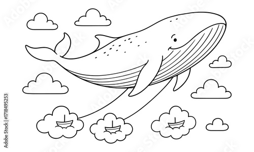 Sky whale adventure among clouds illustration for children’s coloring page or wall art