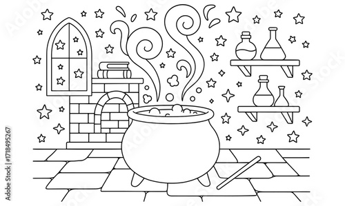 Magical cauldron room with steaming potions and starry background for coloring book design